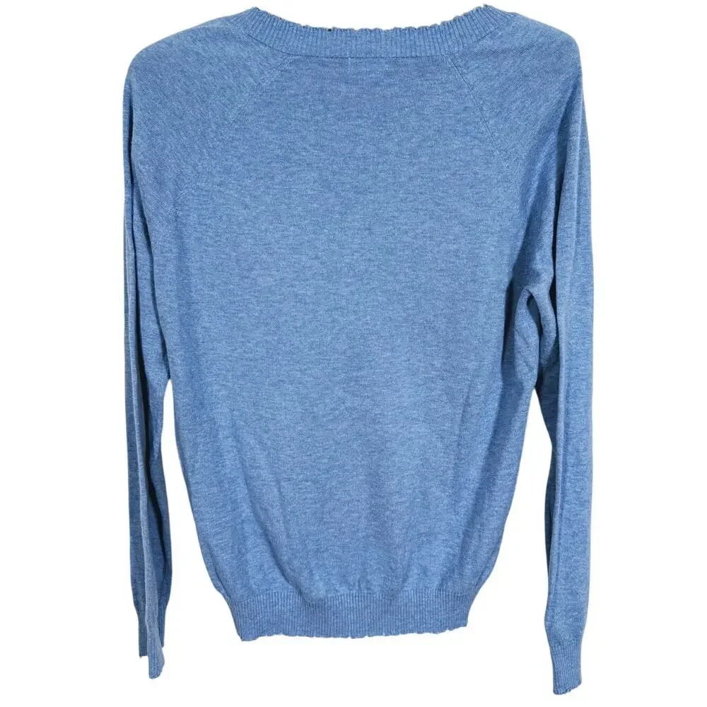 Minnie Rose Coastal Cashmere V-Neck Sweater Small Blue Preppy Quiet Luxury Soft
